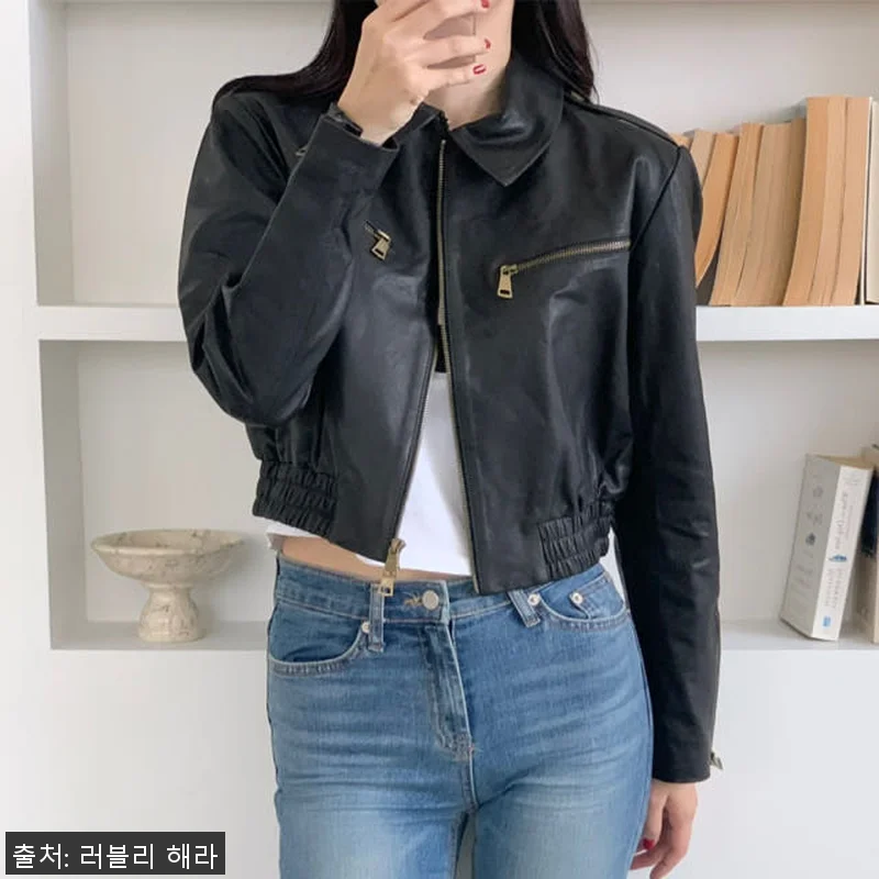 러블리해라 여성 봄 크롭 블랙 램스킨 관련 이미지 2