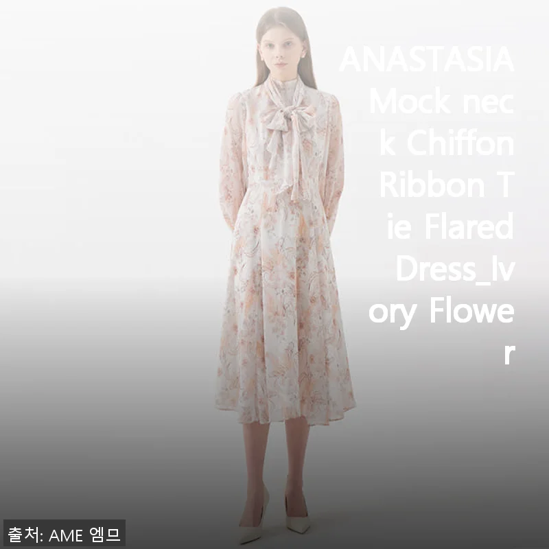 ANASTASIA Mock neck Chiffon Ribbon Tie Flared Dress_Ivory Flower 사용후기